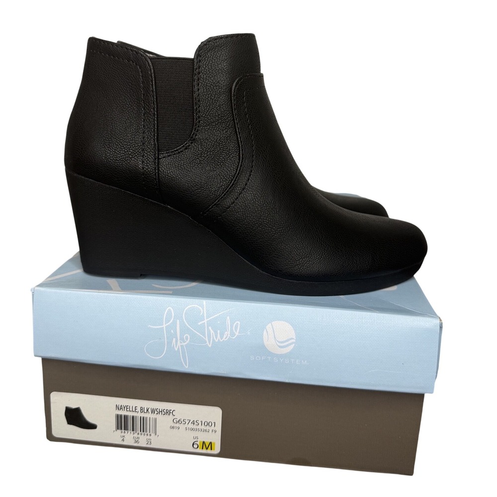LifeStride Nayelle Bootie Womens 6M Black Faux Leather Wedge Zip Ankle Boots